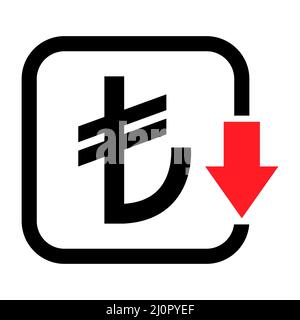 Cost reduction- decrease turkish lira icon. Vector symbol isolated on background . Stock Vector