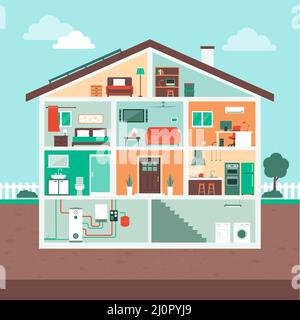 Contemporary house section with rooms: bathroom, living room, home office, bedrooms, kitchen, attic and basement; eco-friendly home Stock Vector