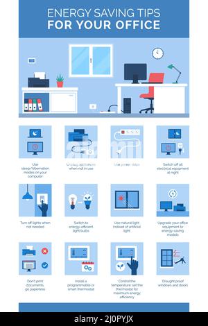 Energy saving tips for your office: how to lower your utility bills and make your life more environmentally friendly, office interior and icons set Stock Vector