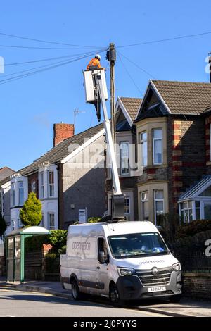 Pontyclun, Wales - March 2022: BT telephone engineer in a cherry picker hydraulic platform repairing wires on a telegraph pole. Stock Photo