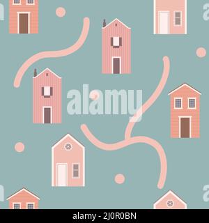 House seamless pattern with road and vector Stock Vector