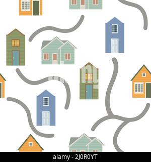 House seamless pattern with road and vector Stock Vector