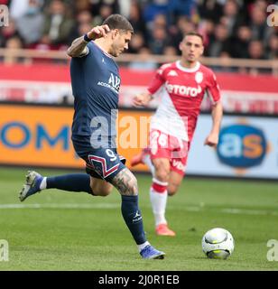 Mauro Icardi of Paris Saint-Germain  during the French championship Ligue 1 football match between AS Monaco and Paris Saint-Germain on March 20, 2022 at Louis II stadium in Monaco Stock Photo