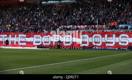 MIDDLESBROUGH, UK. MAR 19TH Middlesbrough's fans hold up a banner in front of the south stand during the FA Cup match between Middlesbrough and Chelsea at the Riverside Stadium, Middlesbrough on Saturday 19th March 2022. (Credit: Mark Fletcher | MI News) Credit: MI News & Sport /Alamy Live News Stock Photo