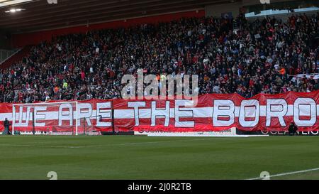 MIDDLESBROUGH, UK. MAR 19TH Middlesbrough's fans hold up a banner in front of the south stand during the FA Cup match between Middlesbrough and Chelsea at the Riverside Stadium, Middlesbrough on Saturday 19th March 2022. (Credit: Mark Fletcher | MI News) Credit: MI News & Sport /Alamy Live News Stock Photo