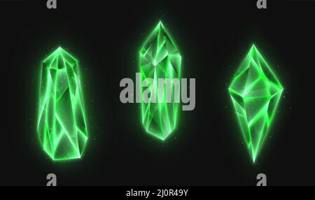 Realistic crystals set, green glowing gems collection Stock Vector