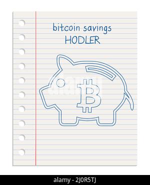 Savings piggy bank with bitcoin symbol icon, realistic sheet of lined paper from a notebook, paper ripped from a block with holes vector Stock Vector