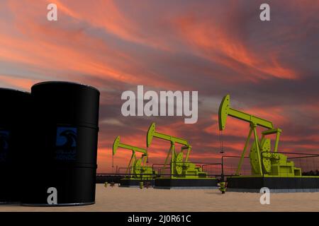 Nice pumpjack oil extraction and cloudy sky in sunset with the ADNOC Abu Dhabi National Oil Company flag on oil barrels 3D rendering Stock Photo