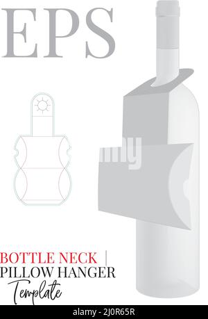 Bottle neck holder template with die cut lines, vector. Bottle neck holder with pillow box. White clear black bottle neck holder isolated on white Stock Vector