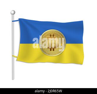 Ukraine flag with Bitcoin gold coin, white background vector Stock Vector