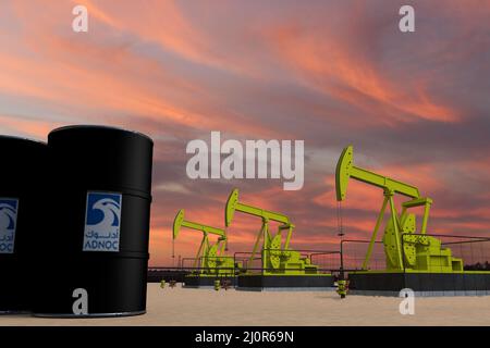 Nice pumpjack oil extraction and cloudy sky in sunset with the ADNOC Abu Dhabi National Oil Company flag on oil barrels 3D rendering Stock Photo