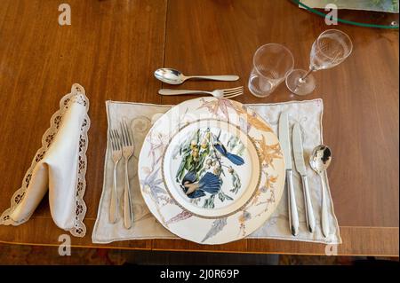 08-06-2021. Devon, UK. John James Audubon watercolor Birds of America on dining plates in Agatha Christie's summer Greenway House. Home of book writer Stock Photo