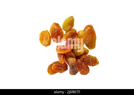 Top view yellow raisins isolated on white background. Stock Photo