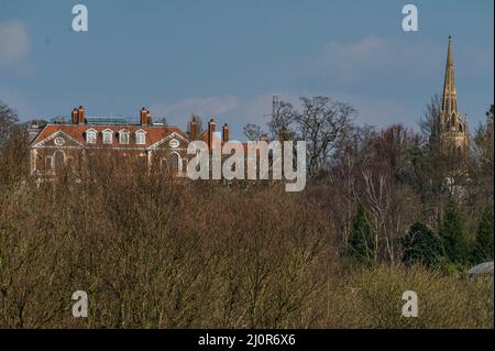 London, UK. 20th Mar, 2022. Witanhurst, rises above Hampstead Heath. It was bought by the family of the Russian billionaire Andrey Guryev (who is now on the sanctions list) through an offshore company called Safran Holdings, located in the tax haven of the British Virgin Islands for £50 million in 2008 Credit: Guy Bell/Alamy Live News Stock Photo