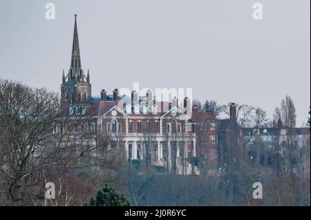 London, UK. 20th Mar, 2022. Witanhurst, rises above Hampstead Heath. It was bought by the family of the Russian billionaire Andrey Guryev (who is now on the sanctions list) through an offshore company called Safran Holdings, located in the tax haven of the British Virgin Islands for £50 million in 2008 Credit: Guy Bell/Alamy Live News Stock Photo