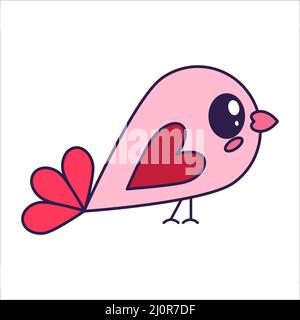 Kawaii Valentine Day icon bird with heart wig. Love symbol in the fashionable pop line art style. The cute bird with a heart is in soft pink, red, and Stock Vector