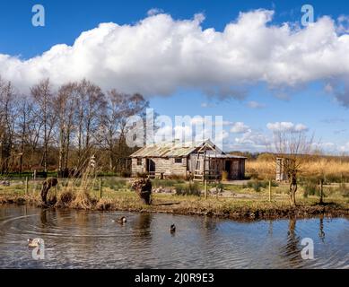 Arctic research hut at Slimbridge in Gloucestershire UK a replica of living quarters that Sir Peter Scott might have used in the Arctic tundra Stock Photo