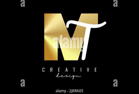 Golden Letters MT logo with a minimalist design. Letters M and T with geometric and handwritten typography. Creative Vector Illustration with letters. Stock Vector