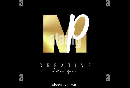 Golden Letters MP logo with a minimalist design. Letters M and P with geometric and handwritten typography. Creative Vector Illustration with letters. Stock Vector