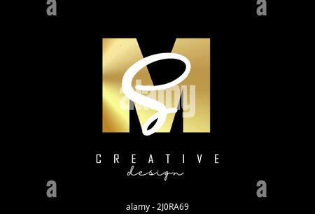 Golden Letters MS logo with a minimalist design. Letters M and S with geometric and handwritten typography. Creative Vector Illustration with letters. Stock Vector