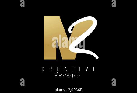 Golden Letters MZ logo with a minimalist design. Letters M and Z with geometric and handwritten typography. Creative Vector Illustration with letters. Stock Vector