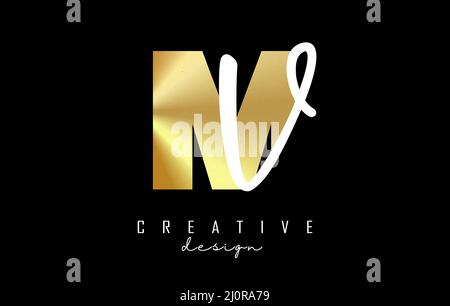 Golden Letters MV logo with a minimalist design. Letters M and V with geometric and handwritten typography. Creative Vector Illustration with letters. Stock Vector