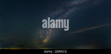 Panorama view universe space shot of milky way galaxy with stars on a night sky background Stock Photo