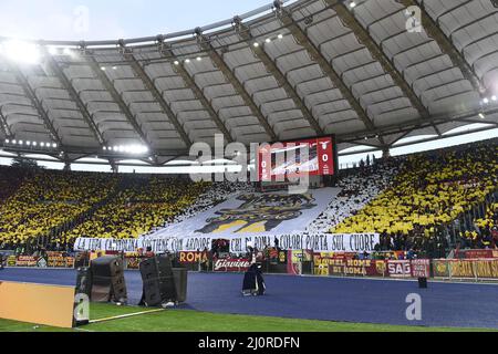 Rome, Italy. 20th Mar, 2022. choreography of AS Roma supporters during the Serie A football match between AS Roma and SSC Lazio at Olimpico stadium in Rome (Italy), March 20th, 2022. Photo Massimo Insabato/Insidefoto Credit: insidefoto srl/Alamy Live News Stock Photo