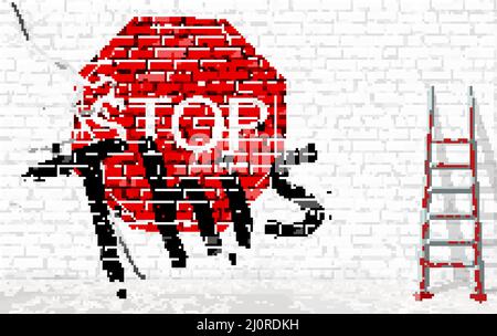 "Stop this" sign and inscription in paints on a brick wall. An abstract call to stop violence. The concept of peace and stop hostilities. Stock Vector
