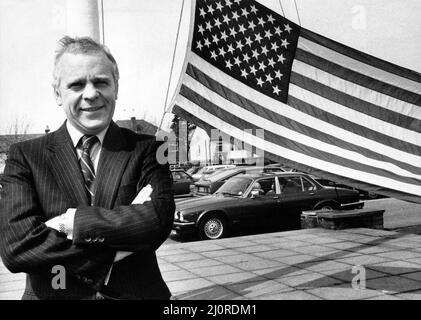 Jaguar Chairman John Egan, hoisted a celebration flag with news that Jaguar has won an award. 20th April 1984. Stock Photo