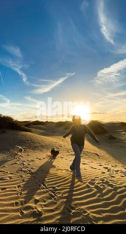 Happy woman run on the sand dunes with her two puppy dogs having fun and enjoying the colorful sunset in background. Tourists at the beach enjoy sumer Stock Photo