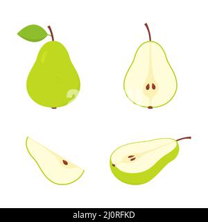 Cute green pear set. Slice, whole and half fruit group. Flat fresh sliced pears collection. Stock Vector