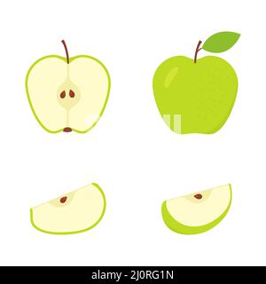 Set of half, slice and whole of juicy green apple. Cute fresh sliced apple collection. Stock Vector