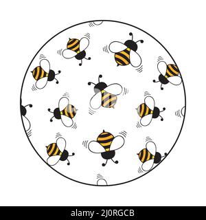 Flying bees in round shape. Black and yellow bees isolated on white background. Stock Vector