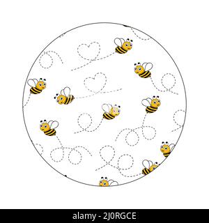 Flying bees in round shape. Black and yellow bees isolated on white background. Stock Vector