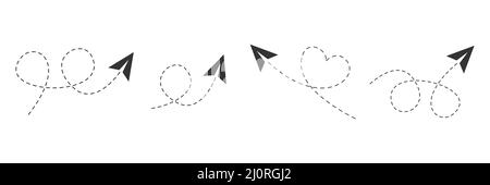 Paper airplanes with line dotted route set. Sending message linear fold planes collection Stock Vector