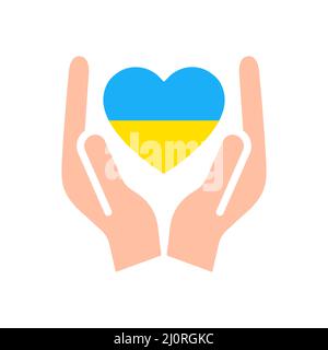 Pray for peace in Ukraine. Stop war. Flag of Ukraine in heart shape in human arms. Stock Vector
