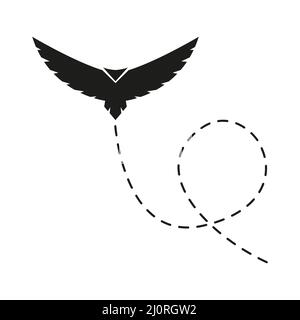 Flying black bird with dotted route. Vector illustration isolated on white. Stock Vector