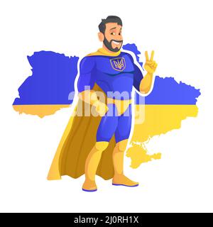 Handsome cartoon superhero wearing in Ukrainian colors standing with confidence and heroic with a friendly smile on the map of Ukraine background Stock Vector