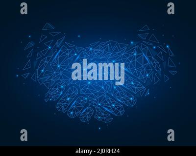 Handshake with polygonal blue glowing shapes. Abstract business agreement concept with lighting dots and triangular line elements. Stock Vector