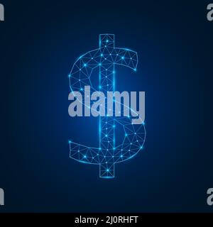 Dollar sign with low poly glowing connected dots. Futuristic dollar symbol with triangular blue shapes. Stock Vector