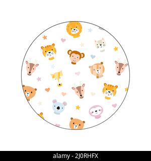 Cute animals face in round shape. Vector child illustration isolated on white. Stock Vector