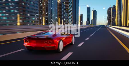 Unbrand red sport car driving fast on the high speed overpass road Stock Photo