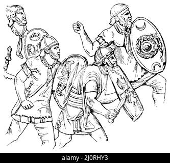 Roman legionary soldier (in the center) and auxiliary soldiers. from Trajan's Column in Rome., ,  (religion history book, 1885), Römischer Legionssoldat (in der Mitte) und Hilfssoldaten. von der Trajanssäule in Rom, Soldat de légion romain (au centre) et soldats auxiliaires. de la colonne Trajane à Rome Stock Photo