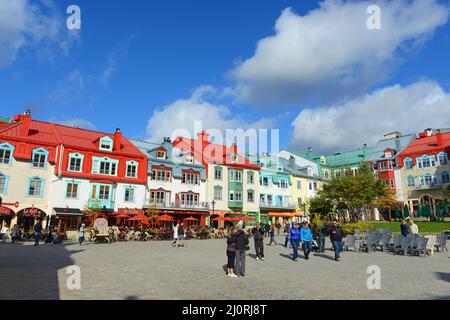 French style historic buildings in villiage of Mont-Tremblant, Quebec QC, Canada. Stock Photo