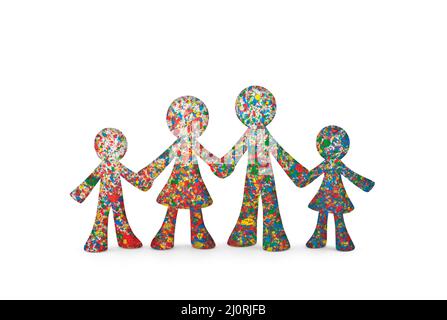 Colorful family figurines with watercolor splashes on white background with clipping path Stock Photo