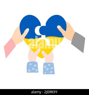 Three Pieces Of Ukrainian Heart. Recovery of Ukraine after war, Happy Family concept. Mother, Father, and kid hands with blue and yellow pieces Stock Vector
