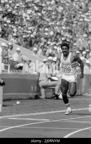 1984 Olympic Games in Los Angeles, USA. Great Britain's Daley Thompson in action during the 100 Metres event of the Decathlon. 9th August 1984. Stock Photo