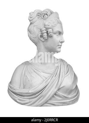 Gypsum copy of ancient statue of thinking young lady isolated on white background. Side view of plaster sculpture woman face Stock Photo