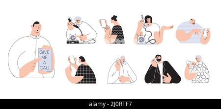 Set of people talking by modern or retro telephone Stock Vector